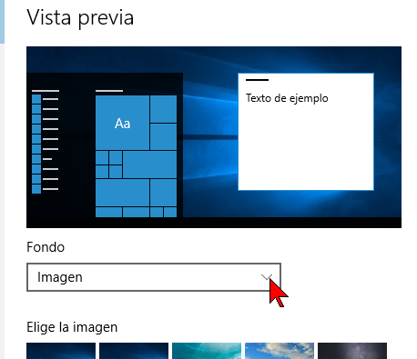 Menú desplegable para seleccionar Fondo en cómo cambiar el color de fondo del Escritorio de Windows 10
