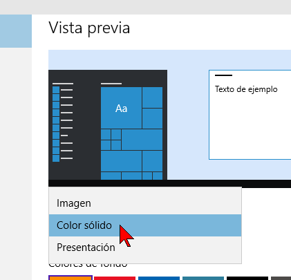 Eligiendo Color sólido como el fondo en cómo cambiar el color de fondo del Escritorio de Windows 10