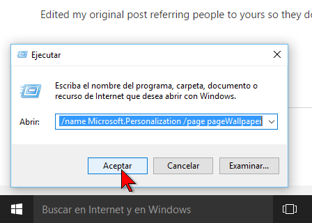 Comando a ejecutar para acceder a más colores en cómo cambiar el color de fondo del Escritorio de Windows 10