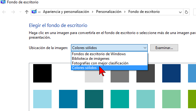 Opción Colores sólidos en cómo cambiar el color de fondo del Escritorio de Windows 10