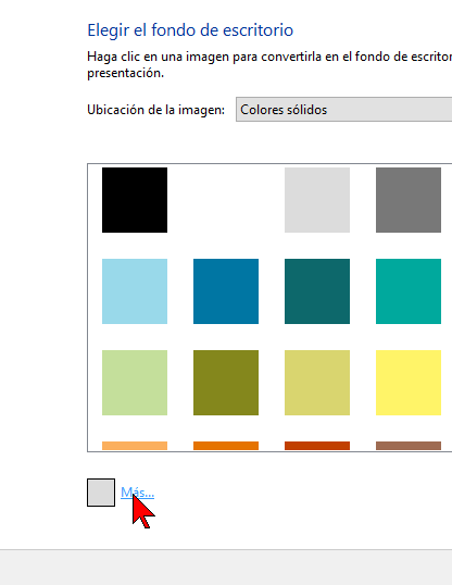 Botón Más para acceder a todos los colores en cómo cambiar el color de fondo del Escritorio de Windows 10