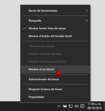Menú contextual de la Barra de tareas en cómo minimizar todas las ventanas a la vez en Windows 10