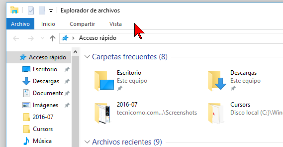 Área de pestañas en cómo mostrar u ocultar la Cinta de opciones en Windows 10