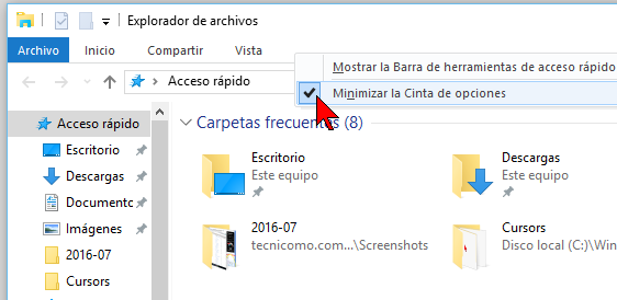 Menú contextual de las pestañas en cómo mostrar u ocultar la Cinta de opciones en Windows 10