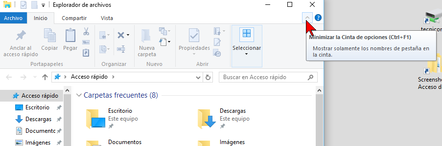 Flechita para ocultar en cómo mostrar u ocultar la Cinta de opciones en Windows 10