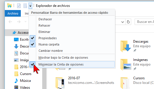 Configurando la Barra de herramientas de acceso rápido en cómo mostrar u ocultar la Cinta de opciones en Windows 10