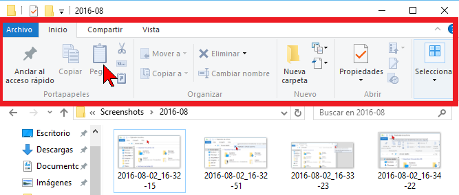Muestra de la Cinta de opciones en cómo mostrar u ocultar la Cinta de opciones en Windows 10