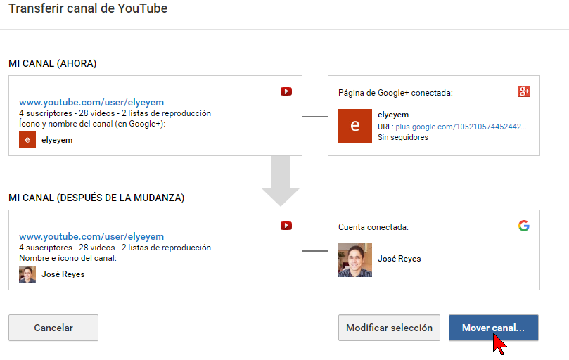 Botón Mover canal... en cómo transferir un canal de YouTube a otra cuenta