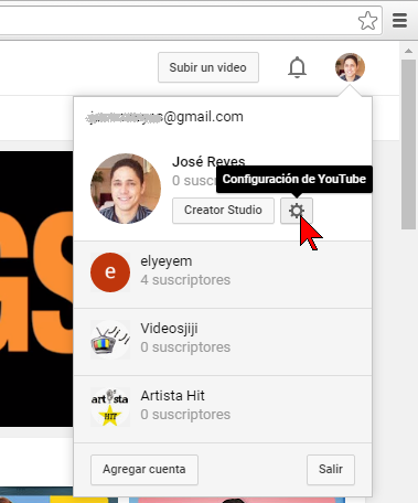 Botón Configuración de YouTube en cómo transferir un canal de YouTube a otra cuenta