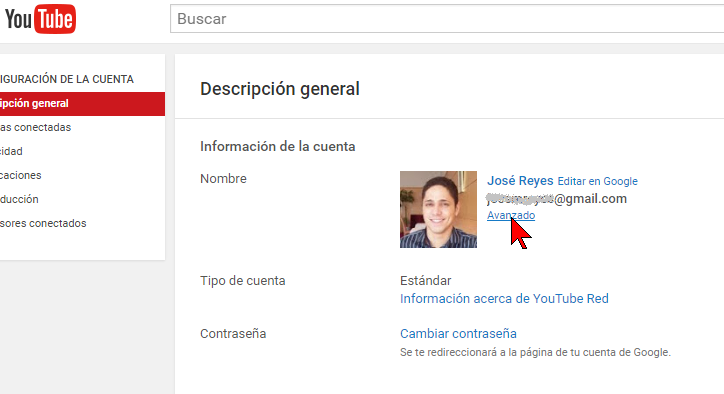 Opción Avanzado en cómo transferir un canal de YouTube a otra cuenta