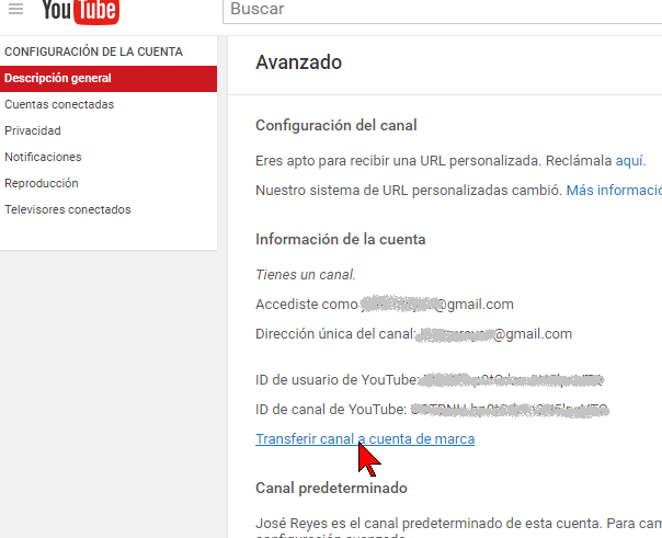 Opción Transferir canal a cuenta de marca en cómo transferir un canal de YouTube a otra cuenta