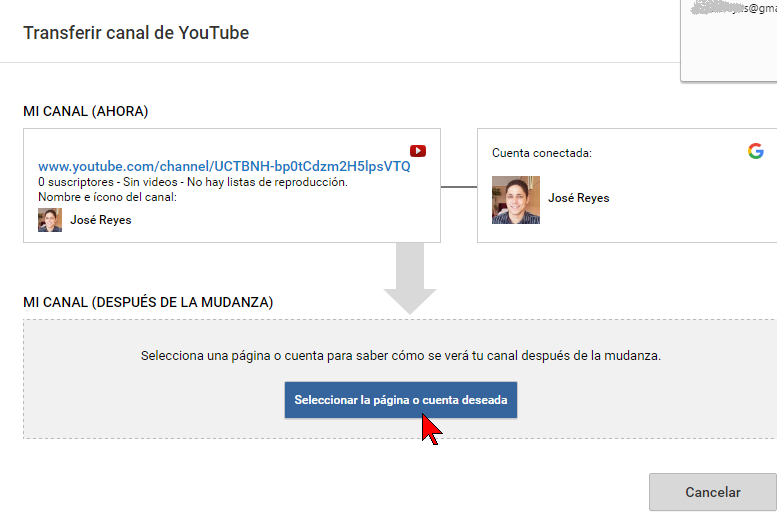 Botón Seleccionar la página o cuenta deseada en cómo transferir un canal de YouTube a otra cuenta