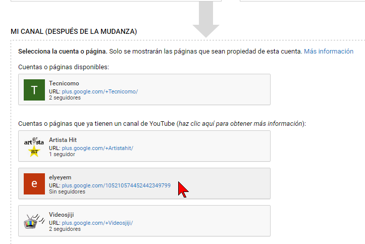 Seleccionando la cuenta para la mudanza en cómo transferir un canal de YouTube a otra cuenta