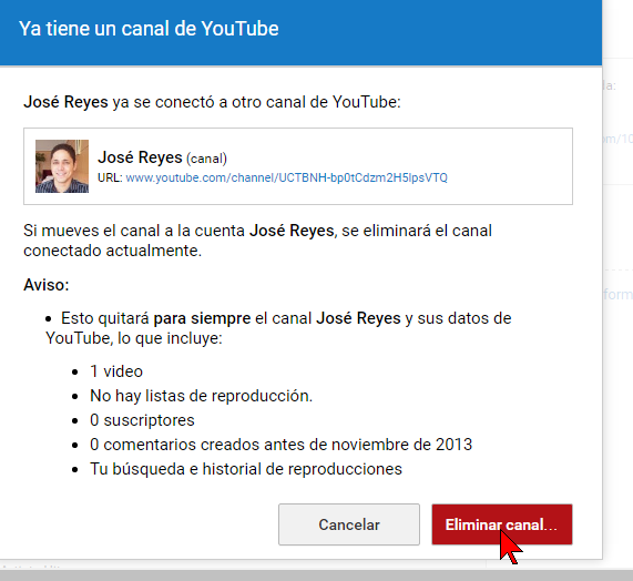 Botón Eliminar canal... en cómo transferir un canal de YouTube a otra cuenta