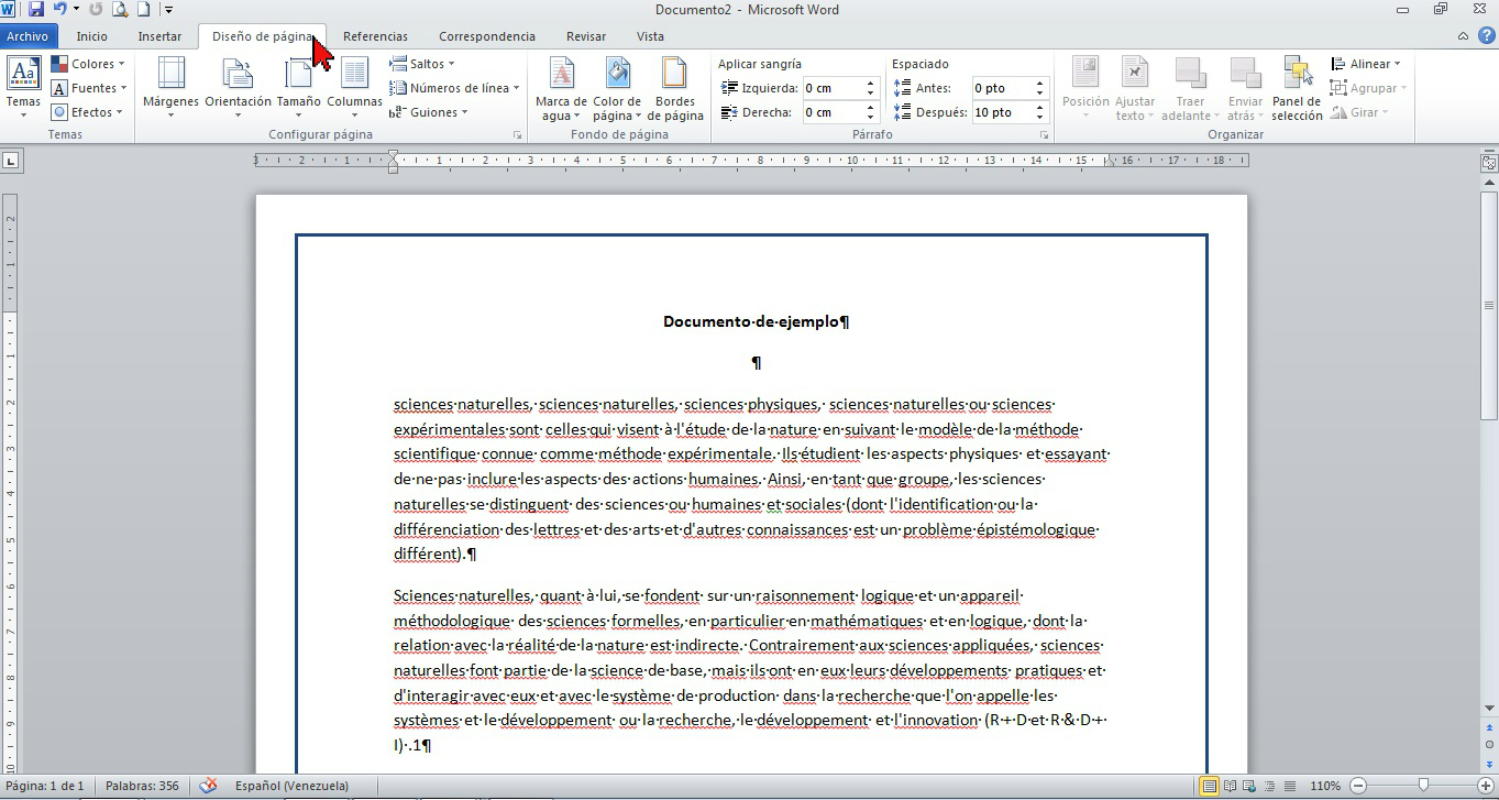 Pestaña Diseño de página en cómo colocar un borde a página de Word 2013.