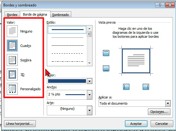Opciones de valor para los bordes en cómo colocar un borde a página de Word 2013.
