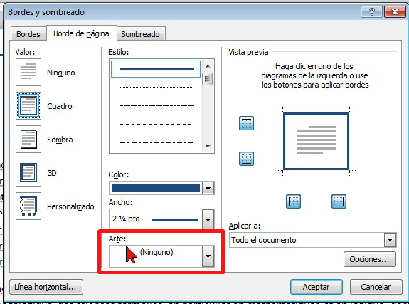 Opción de Arte en cómo colocar un borde a página de Word 2013.