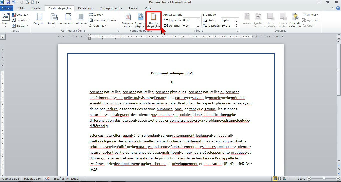 Botón Bordes de páginas en cómo colocar un borde a página de Word 2013.