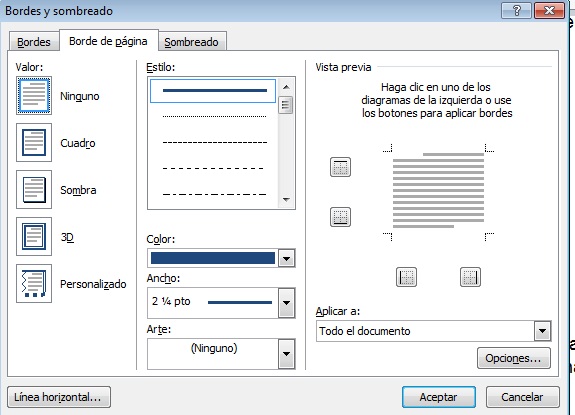 Ventana Bordes y sombreado en cómo colocar un borde a página de Word 2013.