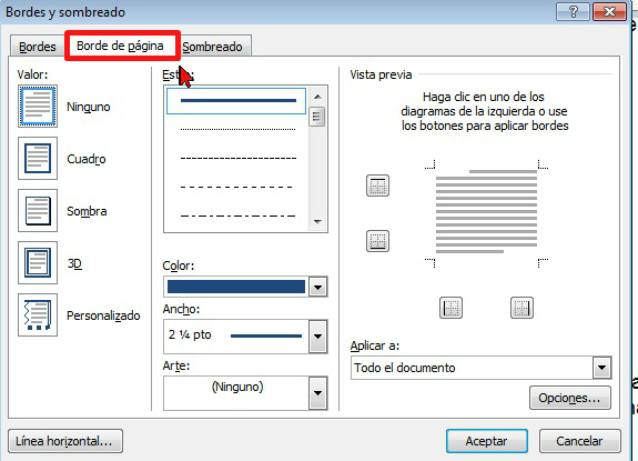 Pestaña Borde de página en cómo colocar un borde a página de Word 2013.