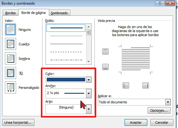 Opciones de Color, Ancho y Arte en cómo colocar un borde a página de Word 2013.