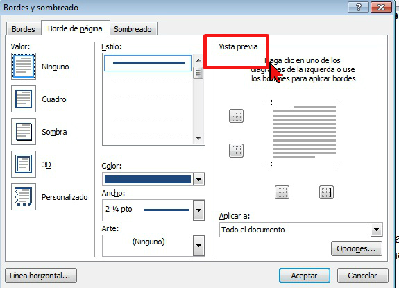 Vista previa de los bordes en cómo colocar un borde a página de Word 2013.
