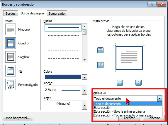 Opción Aplicar a en cómo colocar un borde a página de Word 2013.