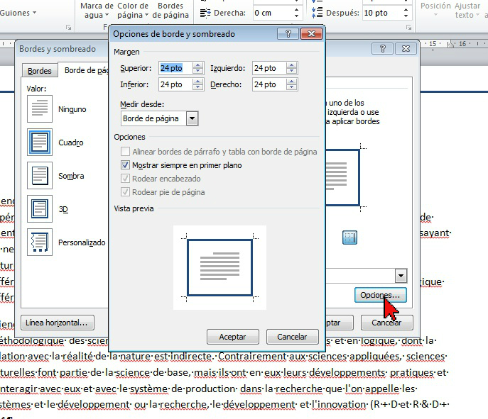 Opciones de borde y sombreado en cómo colocar un borde a página de Word 2013.