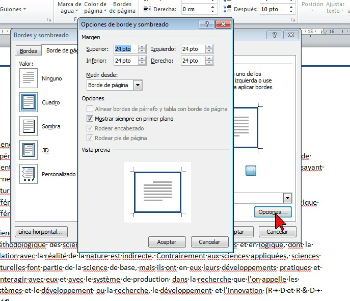 Opciones de borde y sombreado en cómo colocar un borde a página de Word 2013.