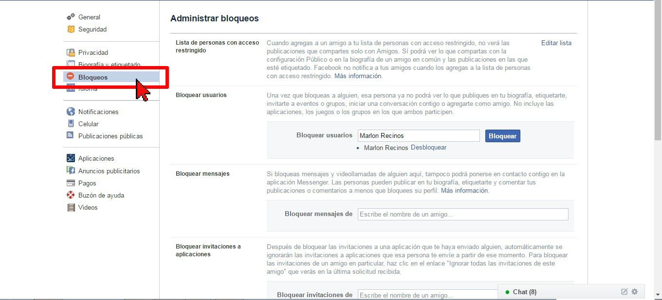 Opción Bloqueos en cómo desbloquear a un amigo en Facebook