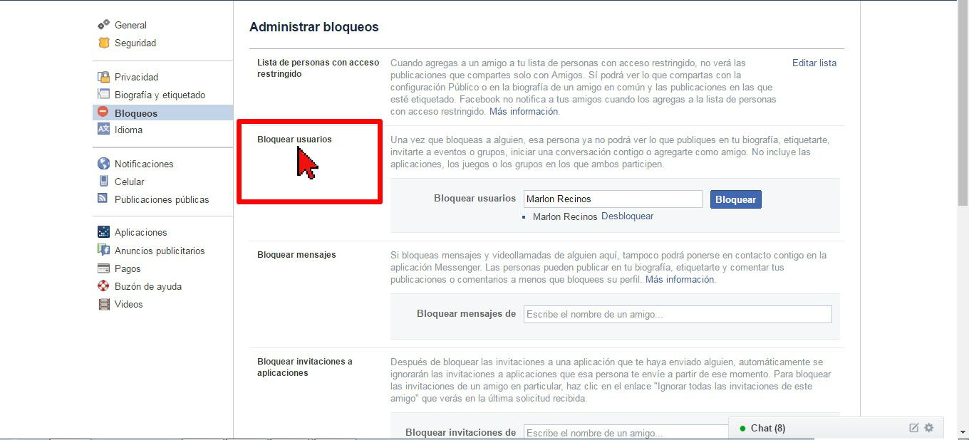 Sección Bloquear usuarios en cómo desbloquear a un amigo en Facebook