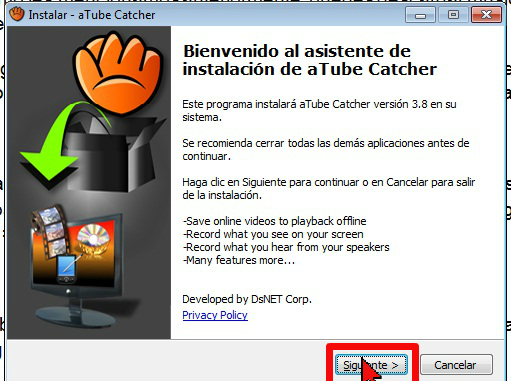 Botón Siguiente para instalar aTube Catcher en cómo usar aTube Catcher para descargar la música de un video de YouTube
