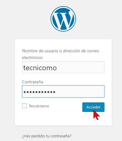 Usuario y contraseña en cómo acceder al Escritorio de WordPress