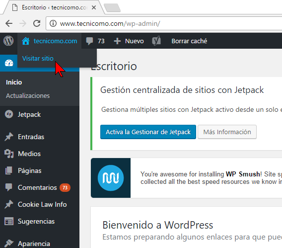Ventana principal del Escritorio de WordPress en cómo acceder al Escritorio de WordPress