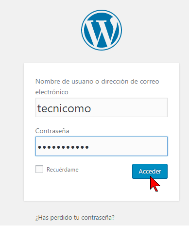 Usuario y contraseña de Administrador en cómo acceder al Panel de Administración de WordPress