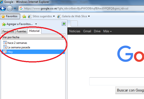 Pestaña Historial en cómo acceder al historial de exploración de Internet Explorer