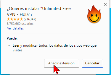 Botón Añadir extensión en cómo acceder la música de Pandora si está bloqueado en tu país