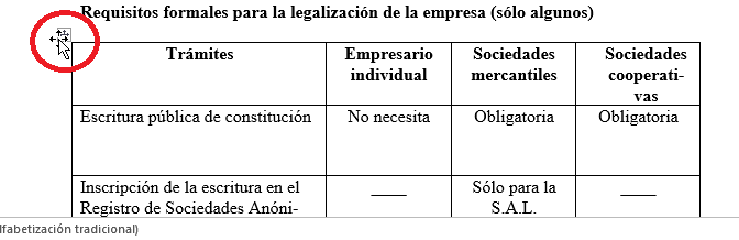 Recuadrito para selecciona la tabla completa en cómo añadir o cambiar los bordes de una tabla en Word 2016