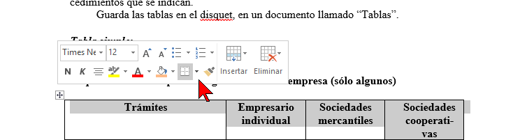 Seleccionando la tabla en cómo añadir o cambiar los bordes de una tabla en Word 2016
