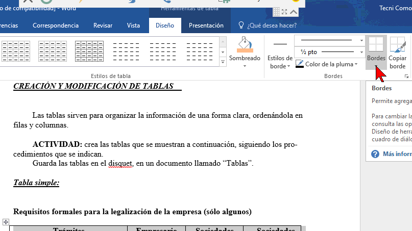 Botón Bordes en la Cinta de opciones en cómo añadir o cambiar los bordes de una tabla en Word 2016