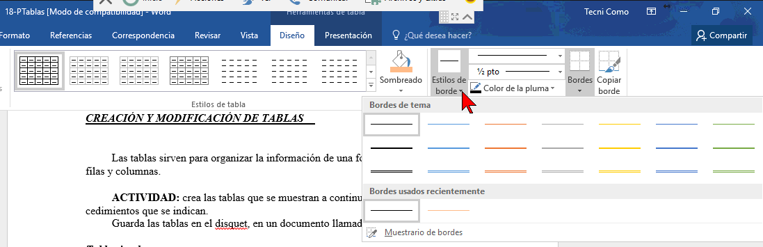 Estilos de borde en cómo añadir o cambiar los bordes de una tabla en Word 2016