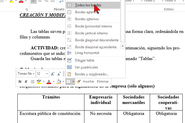 Diferentes opciones de bordes en cómo añadir o cambiar los bordes de una tabla en Word 2016