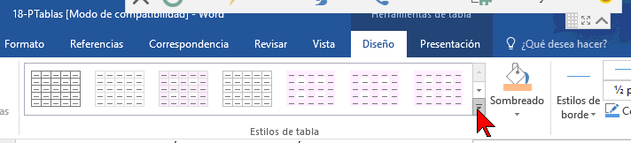 Botón Más en Diseño en cómo añadir o cambiar los bordes de una tabla en Word 2016
