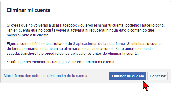 Botón Eliminar mi cuenta en cómo borrar tu cuenta de Facebook