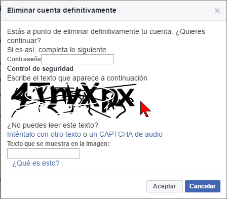 Contraseña y captcha en cómo borrar tu cuenta de Facebook