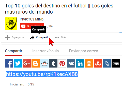 Botón Compartir en cómo comenzar un video de YouTube en un minuto y segundo específico