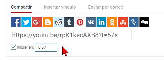 Casilla Iniciar especificando tiempo de inicio en cómo comenzar un video de YouTube en un minuto y segundo específico