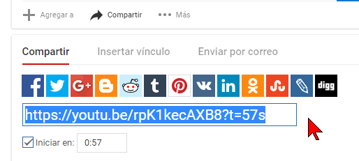 Dirección del vídeo reflejando tiempo de comienzo en cómo comenzar un video de YouTube en un minuto y segundo específico