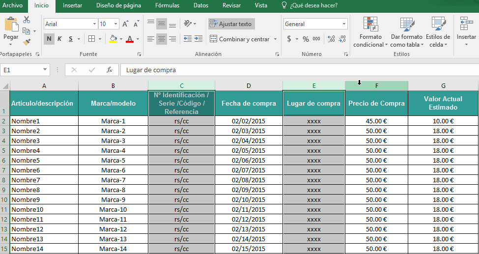 Seleccionando columnas separadas en cómo ocultar y mostrar columnas en Excel 2016