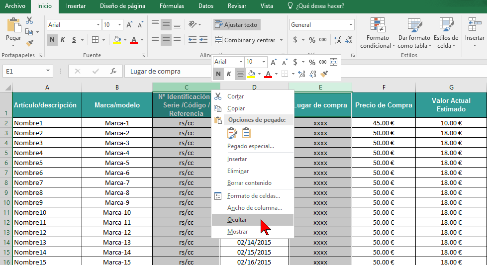 Opción Ocultar en cómo ocultar y mostrar columnas en Excel 2016